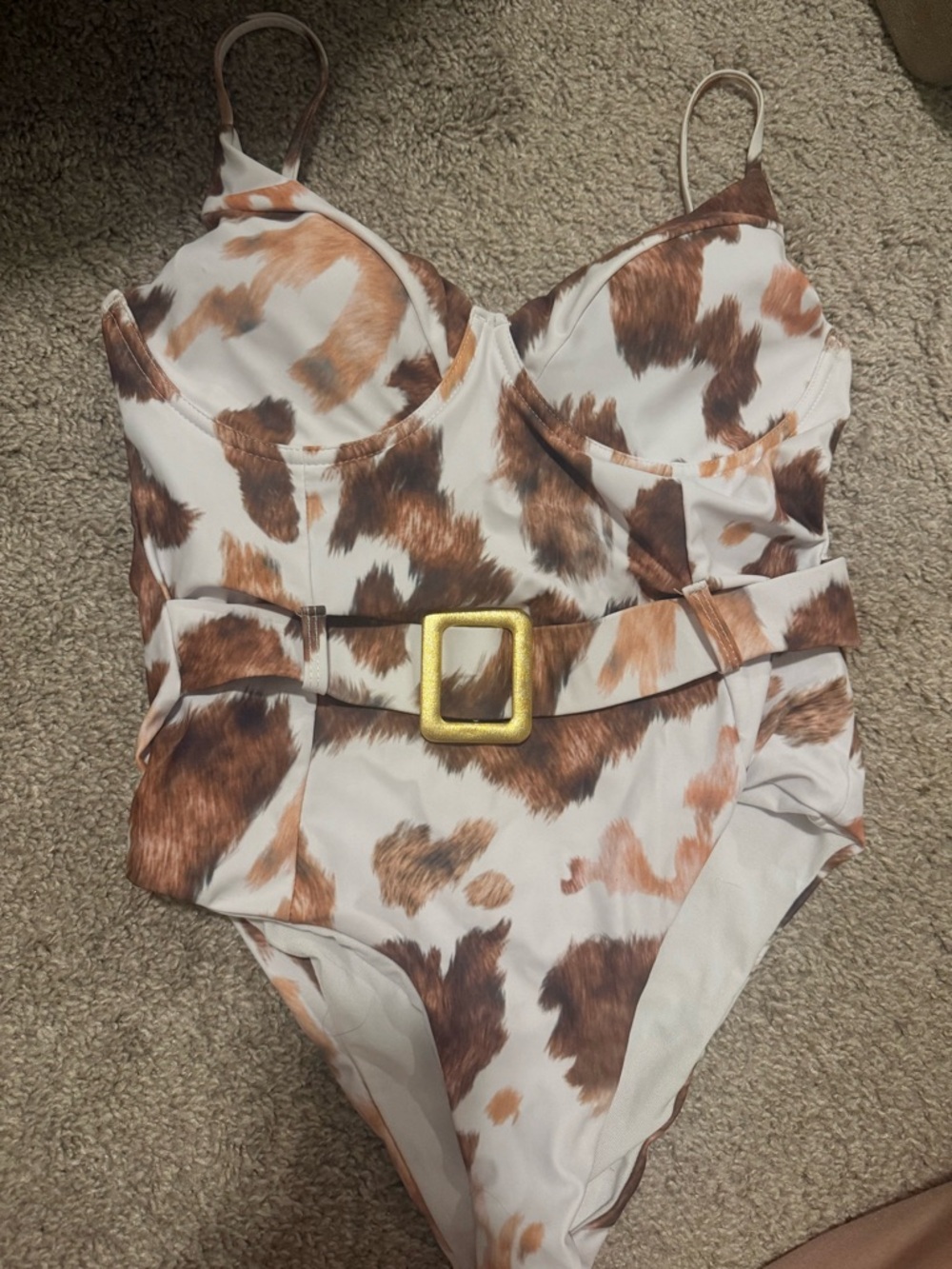 SHEIN White Cow-Print One-Piece with Gold Buckle